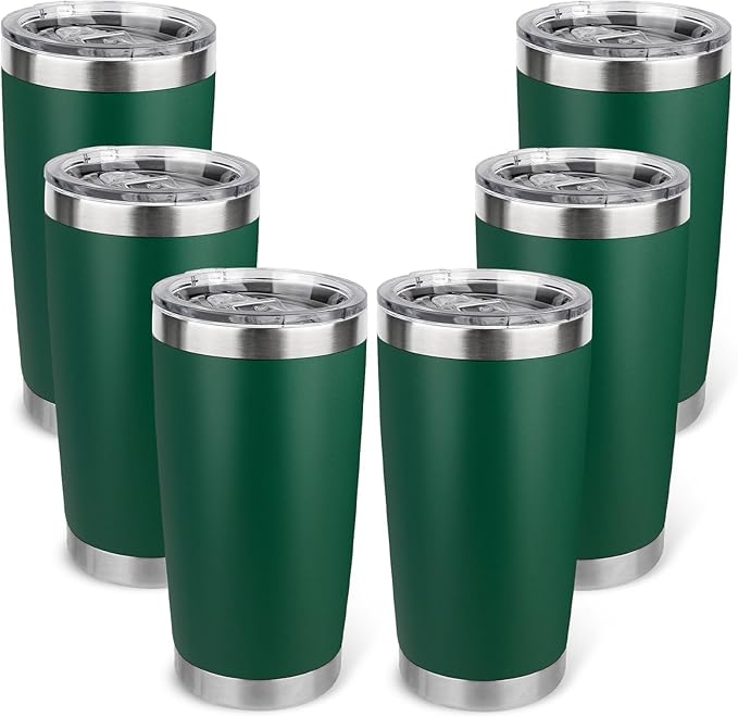 20oz Stainless Steel Tumbler Bulk with Lid, Travel Mug - Double Wall Vacuum Powder Coated Cup - Dark Green, 6 Pack - Bloomnest