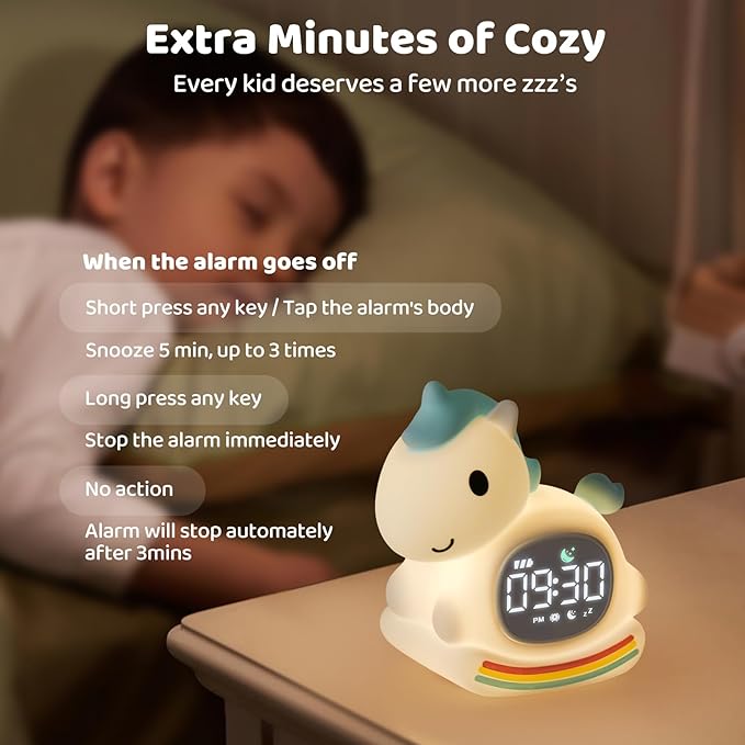 Alarm Clock with Night Light for Kids with Sleep Training and Sound Machine, Rechargeable Silicone Lamp OK to Wake Clock，Cute Animal Tabletop Lamp, Perfect Sleep Companion for Boys Girls，Blue Pony - Bloomnest