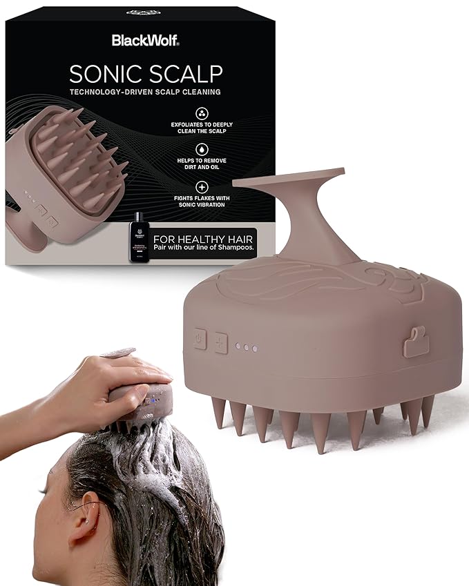 Black Wolf Sonic Scalp Scrubber, (Taupe) - Hair & Scalp Massager Brush with 3-Speed Oscillation - Rechargeable Scalp Care Comb with Soft Silicone Oscillating Bristles for Deep Clean & Exfoliation BlackWolf