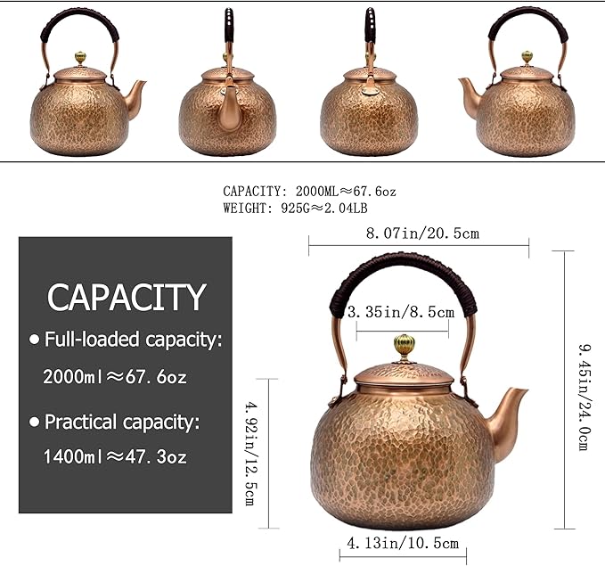YJX Copper Tea Kettle For Stovetop, Japanese Style Non-Coating Pure Copper Teapot with Stainless Steel Infuser For Loose Tea, Large and Solid Tea Pot For 3-7 Cups (2000ml) - Bloomnest