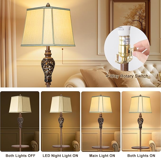 65" High Vintage Floor Lamp with Night Light and Glass Tray, Farmhouse Standing Lamp with Beige Faux Silk Shade, Retro Rustic Tall Lamp Decor for Living Room, Bedroom, Bedside, Corner (Bulb Included) - Bloomnest