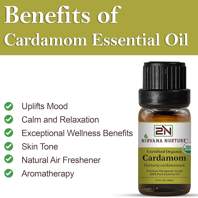 Cardamom Essential Oil, USDA Certified Organic, 100% Pure Undiluted, Aromatherapy Oil for Diffuser, Hair & Skin Care NirvanaNurture