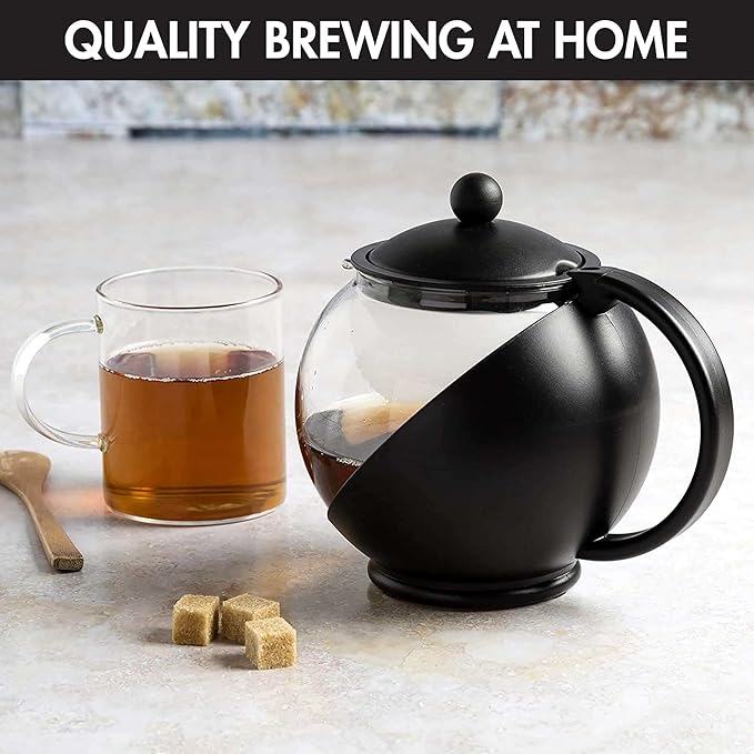 Primula Half Moon Teapot with Removable Infuser, Glass Tea Maker with Reusable Fine Mesh Stainless Steel Filter, Dishwasher Safe, 40-Ounce, Black