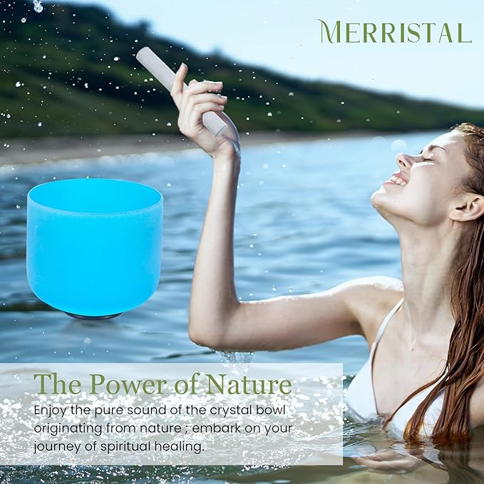 432HZ 8 Inchs G Note Blue Frosted Crystal Singing Bowl for Meditation Healing Yoga Chakra Quartz Crystal Sound Bowls with Heavy Duty Carry Case and Rubber Mallet,Suede Striker,O-rings - Bloomnest