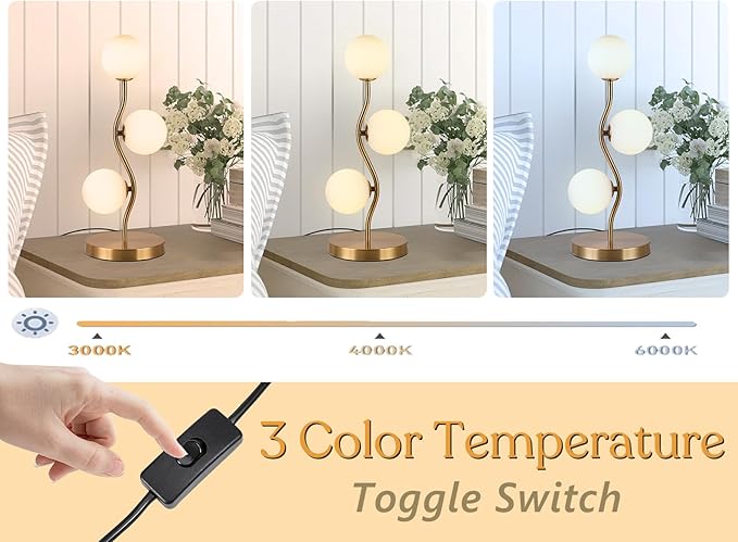 Mid Century Gold Globe Table Lamp 3-Light Flower Curve Beside Desk Table Light with Milk White Glass Shade Metal Base Nightstand Lamp for Bedroom Bedside - Bloomnest
