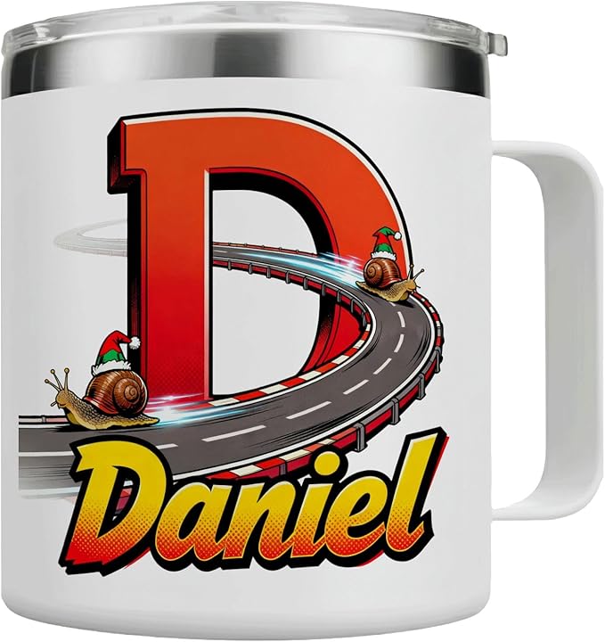 JugJug Personalized Christmas Mug with Initial & Name - Funny Racing Snails 12oz Insulated Coffee Cup w/Lid - Xmas Gifts for Kids, Boys, Racers (B178) - Bloomnest