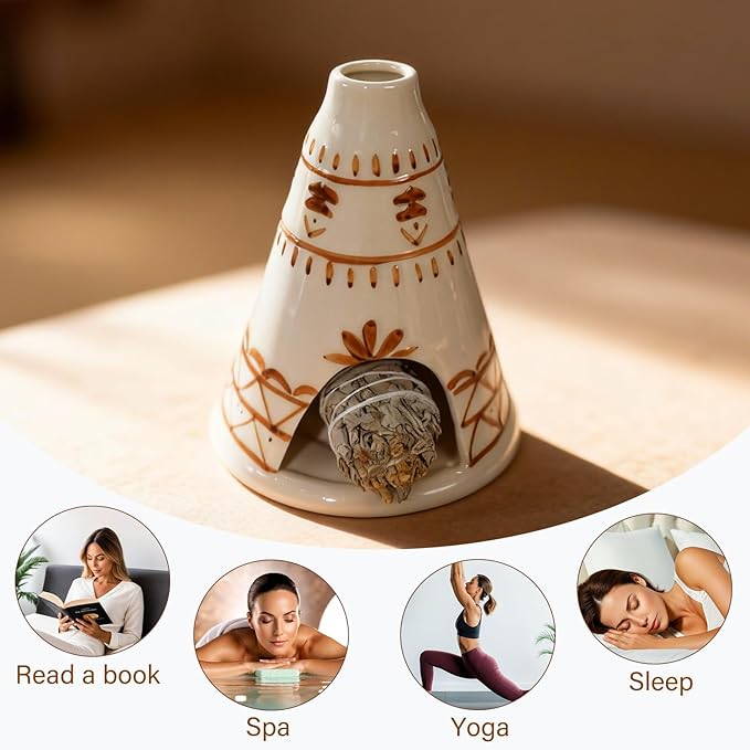 Handcrafted Palo Santo Holder Ceramic Chimney Incense Burner - Tent Shape - Safe for Palo Santo Sticks Sage & Incense Cones for Meditation Yoga Zen Altar Aromatherapy - Thoughtful Gift Idea MOUGIGI