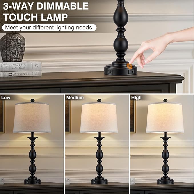 28" Tall Modern Table Lamps Set of 2 with USB C+A Ports and AC Outlet, 3 Way Touch Metal Bedside Lamps for Living Room, Black Farmhouse Nightstand Lamps for Bedroom - Bloomnest