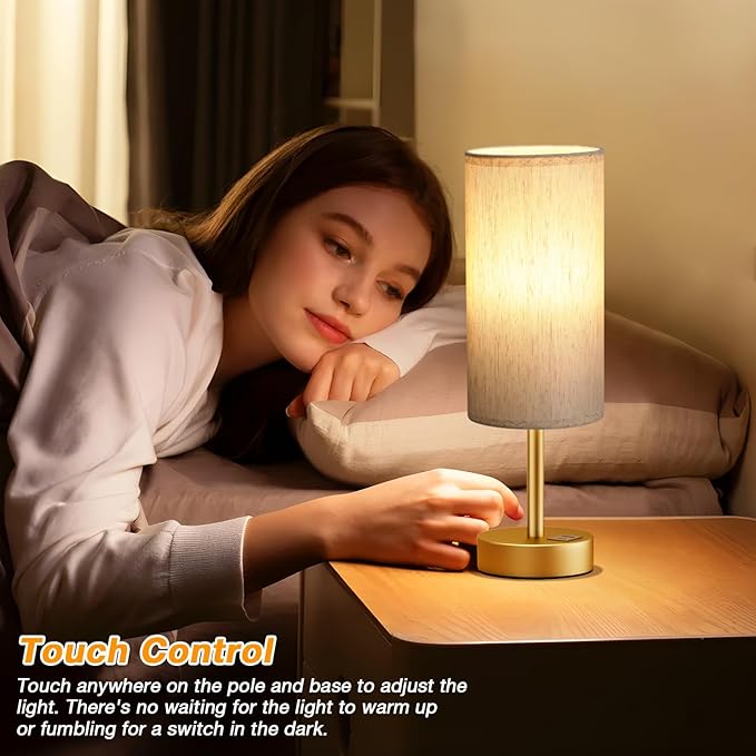 Small Touch Bedside Lamp with USB - 3 Way Dimmable Gold Table Lamp for Bedroom, Nightstand Lamp with Gold Charging Station for Desk Dorm, Office - Bloomnest