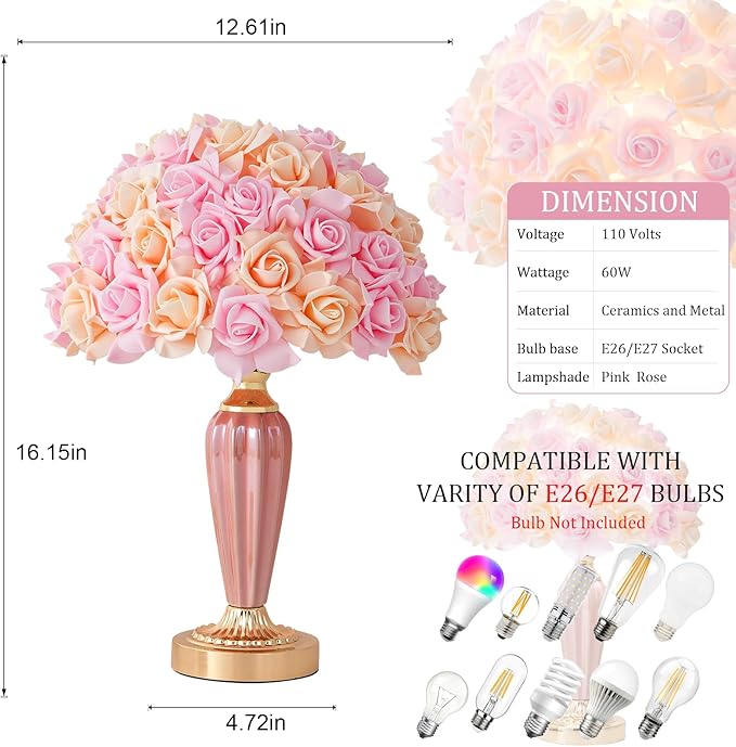 Pink Flowers Lamp Beautiful Yellow Flower Bedside Lamp Romantic Rose Bouquet Table Lamp for Wedding Girl Bedroom Valentines Dating Living Room Hotel Office Endtable - Bloomnest