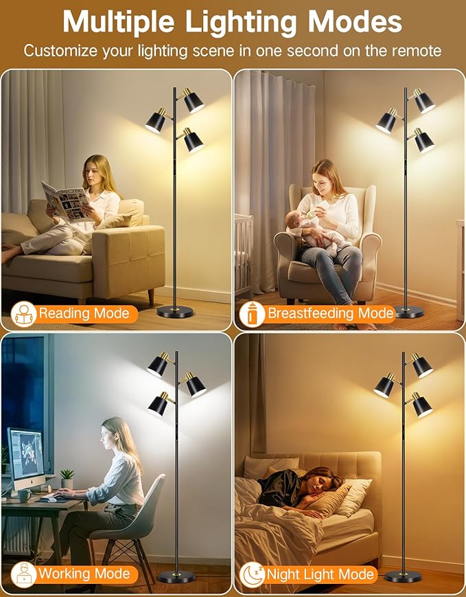 OUTON LED Tree Floor Lamp, Modern Dimmable Standing Lamp with Remote & Touch Control, 4 Color Temperatures, 3 Rotatable Lights Floor Lamps for Living Room, Bedroom, Office, Black & Gold - Bloomnest