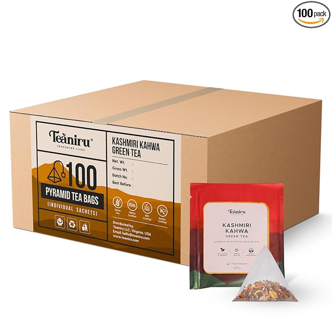 Teaniru, Kashmiri Kahwa Tea - 100 Pyramid Tea Bags, Individual Sachets | Green Tea with 100% Natural Spices - Supports Healthy Digestion | Pure Leaf Tea - Bloomnest