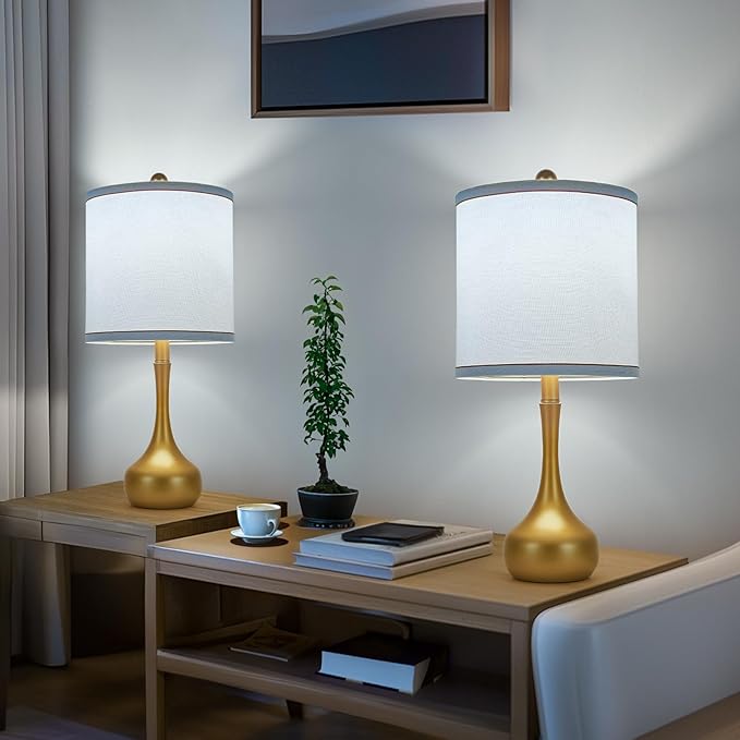 23" Farmhouse Table Lamp Set of 2, Golden Metal Modern Bedside Lamps for Living Room, 3 Color Temperature Rustic Table Lamps for Bedroom, Night Stands, Dorm,Office, Home Décor (Bulb Included) - Bloomnest