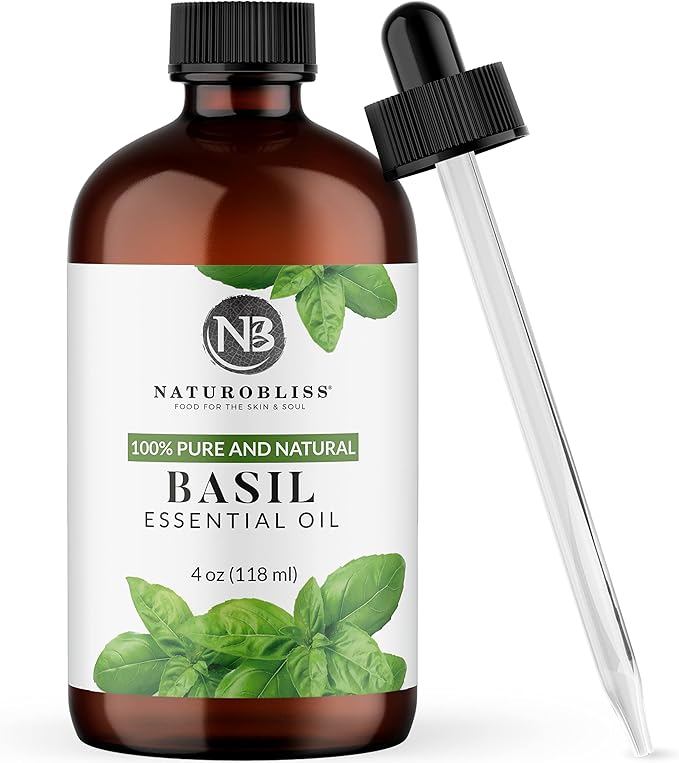 NaturoBliss 100% Pure Basil Essential Oil Therapeutic Grade Premium Quality (4 fl. oz) with Glass Dropper, Perfect for Aromatherapy - Bloomnest
