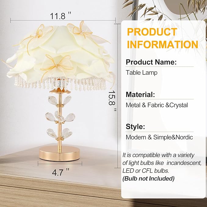 Cute White Table Lamp Girls Bedroom Modern Bow Desk Lamp Crystal Princess Bedside Light for Living Room Wedding Deco Study Room Entry Office - Bloomnest