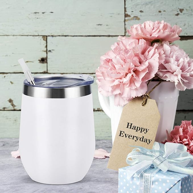 6 Pack Stainless Steel Wine Tumblers, 12Oz Insulated Wine Tumbler, Double Wall Insulated Wine Glass, Stainless Steel Stemless Wine Cups with Lids for Coffee, Wine, Cocktails, Champaign, White - Bloomnest