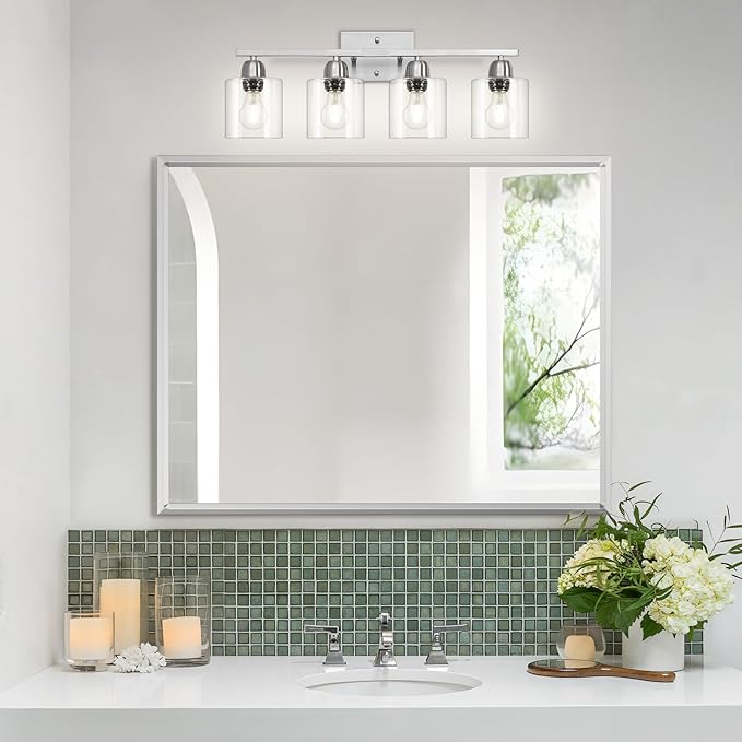 Modern Brushed Nickel 4 Light Bathroom Light Fixtures, 24 inch Vanity Lights for Bathroom with Clear Glass for Mirror Kitchen Living Room Hallway Cabinet Porch - Bloomnest