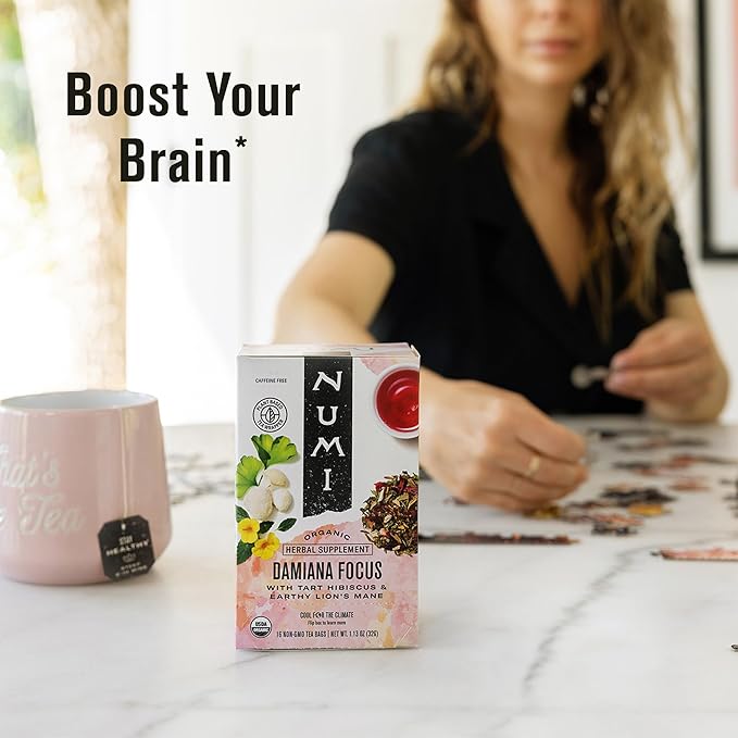 Numi Organic Damiana Focus Herbal Tea – 48 Herbal Tea Bags – Caffeine Free Blend with Damiana Ginkgo Lion’s Mane Hibiscus Mint & Licorice for Mental Clarity & Natural Energy - Bloomnest