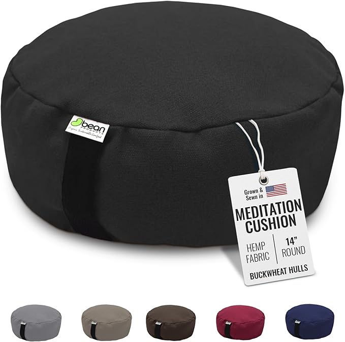 Bean Products Hemp Zafu Meditation Cushion for Sitting on Floor, Hemp Yoga Pillow, Zafu Meditation Pillow, Zen Seiza Kneeling Prayer Pad Support - Made in USA - Round Black