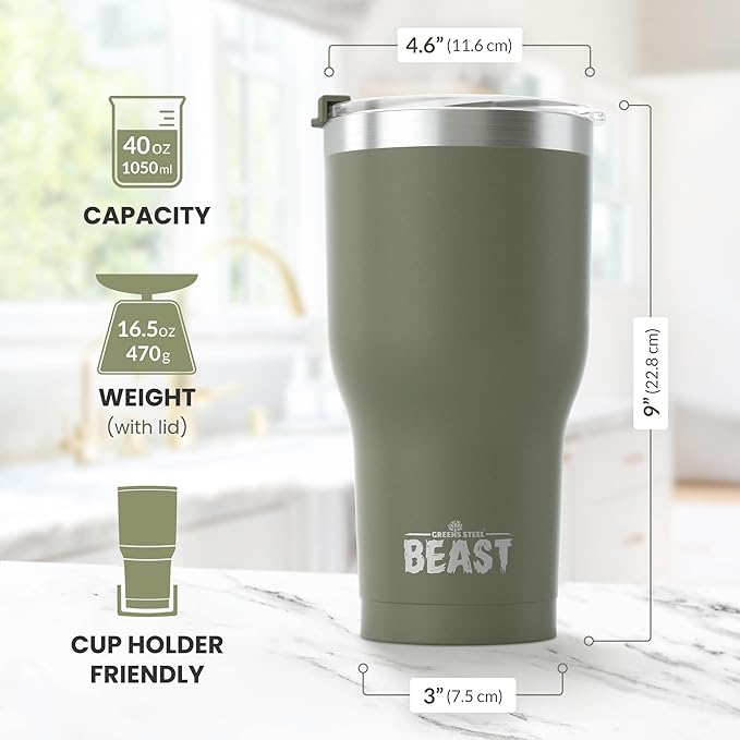 Beast 40 oz Tumbler Stainless Steel Vacuum Insulated Coffee Ice Cup Double Wall Travel Flask (Army Green) - Bloomnest