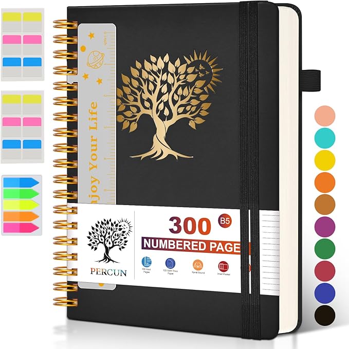 Large Spiral Notebook Journal for Women Men - 300 Numbered Lined Pages, College Ruled,B5 Hardcover Spiral Bound Notebook for School, Work, Note Taking, Writing, Leather Spiral Journal 7"x10" - Bloomnest