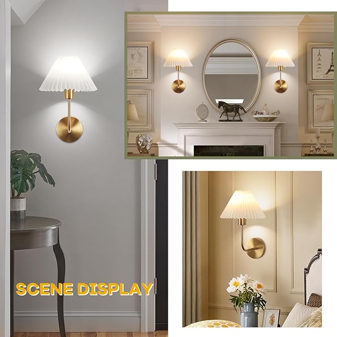 Wireless Wall Sconce Sets of 2, Pleated Shades Rechargeable Battery Operated Wall Sconce, Retro Industrial Gold Wall Lights Bathroom Vanity Sconces, Wall Mounted Lamps for Bedroom Living Room Kitchen - Bloomnest