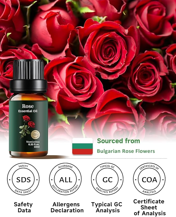 Rose Essential Oil, 100% Pure & Natural Aroma Oils for Aromatherapy Diffuser, Skin & Hair Care, Perfume, Soap & Candle Making, 0.33 Fl Oz / 10ml Mumianhua - Bloomnest