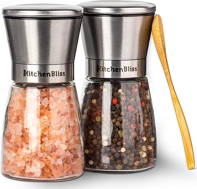Professional Salt and Pepper Grinder Set – Premium Stainless Steel Salt and Pepper Shakers with Ceramic Spice Grinder Mill for Adjustable Coarseness - Added Bonus a Bamboo spoon and a Cleaning Brush. - Bloomnest