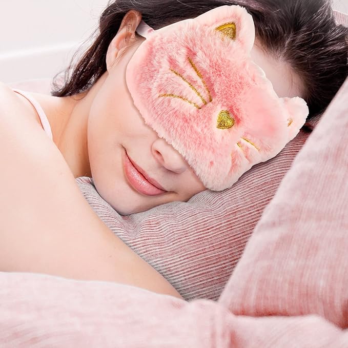 3 Pieces Sleep Mask for Kids, Girls Plush Sleeping Eye Cover Soft Eye Blindfold Cover Animal Shade for Kids(White, Pink and Rainbow Color,Cat Style) - Bloomnest