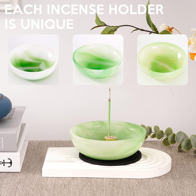 Incense Holder, Multi-Purpose Design Agate Incense Burner ash Catcher with Brass 9 Holes Incense Stick Holder for Home Decor Yoga Spa Madiation (Agate Green) - Bloomnest