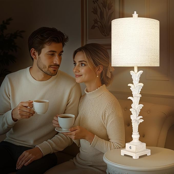 Vintage Table Lamps Set of 2, 3-Way Dimmable Touch Buffet Lamps with 2 USB Ports, 33'' Bedside Nightstand Lamps with Linen Shades, Rustic Farmhouse Table Lamps for Living Room Bedroom, Washed White - Bloomnest