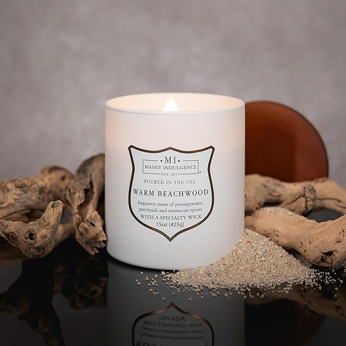 Manly Indulgence Warm Beachwood Scented Candles for Men, 15 oz Wooden Wick, Premium Soy Blend Wax, 60H Burn, Candles for Home Scented - Made in The USA - Bloomnest