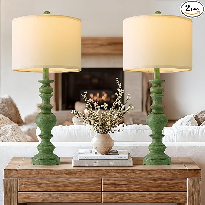 BOBOMOMO 27" Sage Green Table Lamps Set of 2, Large Farmhouse Resin Lamps with Linen Shades, Green Vintage Lamps for Living Room, Bedroom, or Entryway, Rustic Elegant Home Décor - Bloomnest