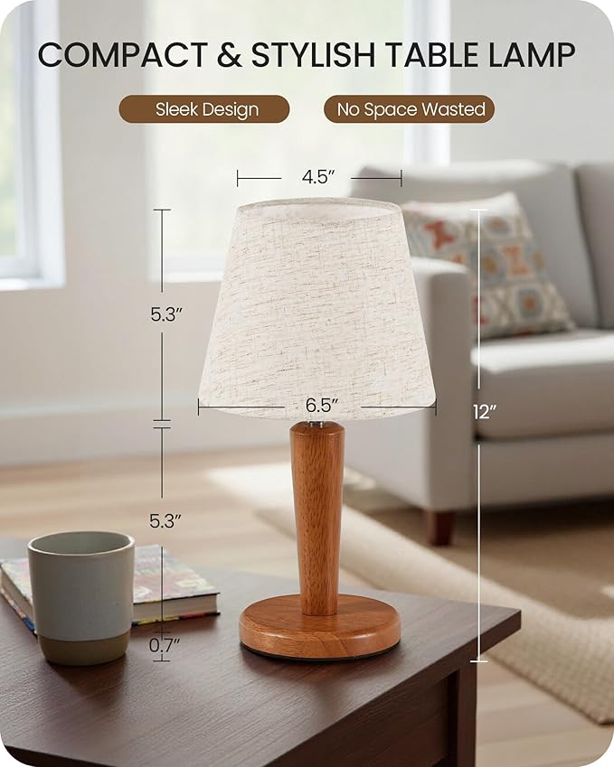 12”Wood Bedside Table Lamps Set of 2, Small Desk Lamps for Small Places, 3 Color Temperatures with Memory,Beige Linen Shade & E26 Bulbs, for Bedroom Living Room Office LE13TLP205 - Bloomnest