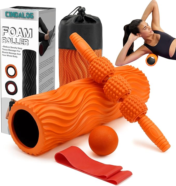5 in 1 Foam Roller Set - Trigger Point Foam Back Roller, Muscle Roller Stick, Massage Ball, Stretching Band for Deep Muscle Massage Pilates Yoga,Fitness Exercise for Whole Body Release (Orange) - Bloomnest