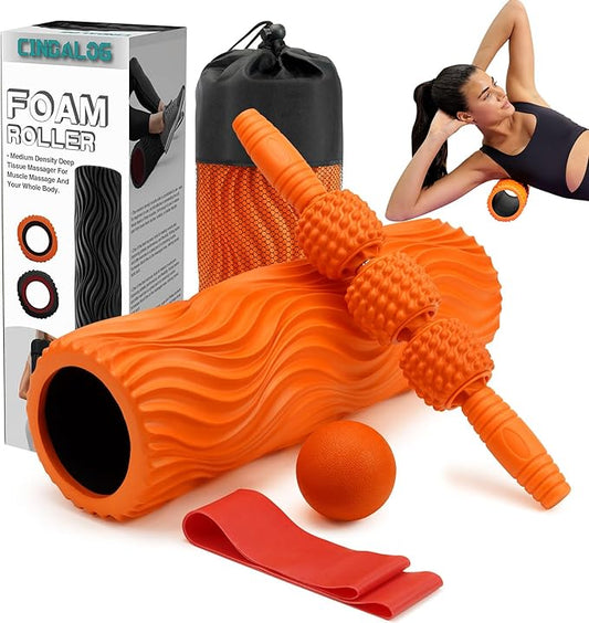 5 in 1 Foam Roller Set - Trigger Point Foam Back Roller, Muscle Roller Stick, Massage Ball, Stretching Band for Deep Muscle Massage Pilates Yoga,Fitness Exercise for Whole Body Release (Orange) - Bloomnest