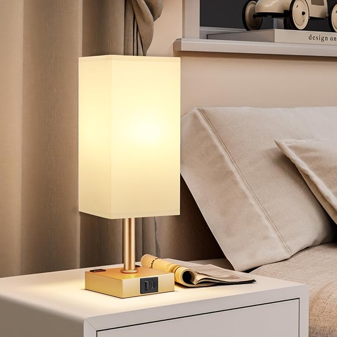 Gold White Touch Table Lamp - Bedside Lamp with USB A + Type C Charging Ports and Two AC Outlets, Small Night Stand with E26 LED Bulb, Desk Light for Bedroom Living Room Office Dorm - Bloomnest