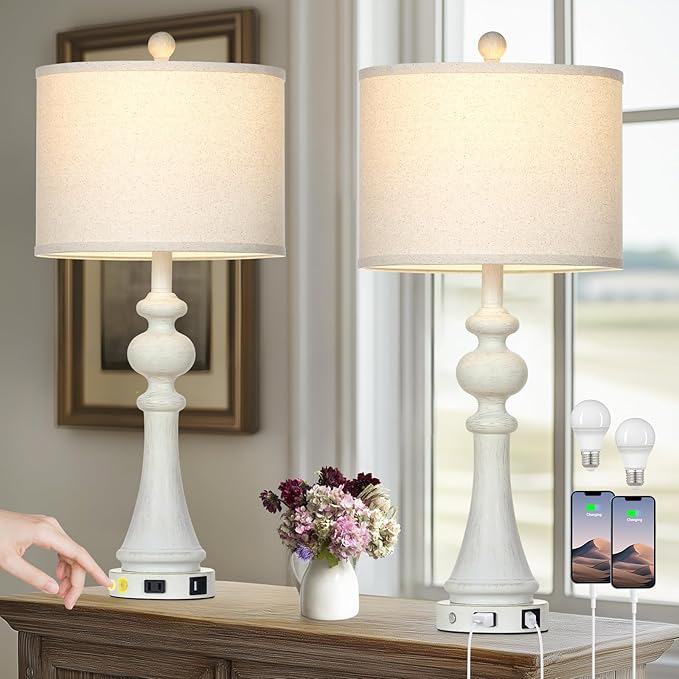 28" Farmhouse Table Lamps Set of 2, Vintage Bedside Lamps with USB A+C Charging Ports & AC Outlet, 3-Way Dimmable Touch Control Nightstand Lamp for Living Room Bedroom Wash White(2 LED Bulbs Included) - Bloomnest