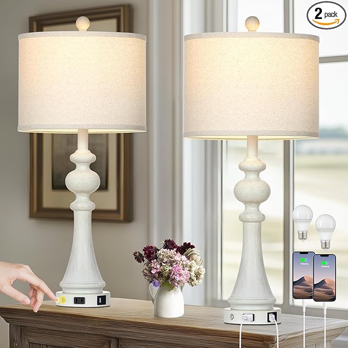28" Farmhouse Lamps Set of 2, Vintage 3-Way Dimmable Touch Control Table Lamps with USB A+C Fast Ports & AC Outlets, Rustic Traditional Classic Bedside Nightstand Lamps for Living Room Bedroom White - Bloomnest