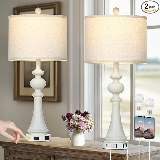 28" Farmhouse Lamps Set of 2, Vintage 3-Way Dimmable Touch Control Table Lamps with USB A+C Fast Ports & AC Outlets, Rustic Traditional Classic Bedside Nightstand Lamps for Living Room Bedroom White - Bloomnest
