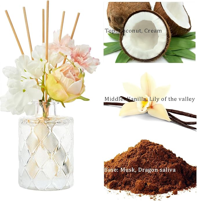 Chloefu Lan Creamy Vanilla Reéd Diffuser, Milky Coconut, 6.7 oz Flower Diffuser with Sticks, Modern Farmhouse Decor, Bathroom & Office Decor, Room Freshener - Bloomnest