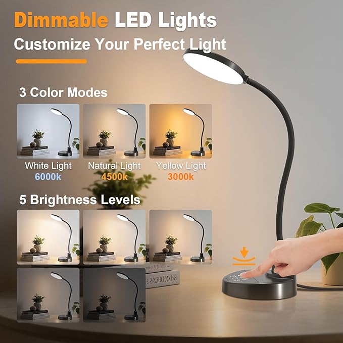 15W LED Desk Lamp with USB Charging Ports – Dimmable Table Lamp with 3 Color Temps, 5 Brightness, 4 Timers, Flexible Gooseneck Light with Base, Eye-Caring Reading Light for Home Office, Bedroom, Study - Bloomnest