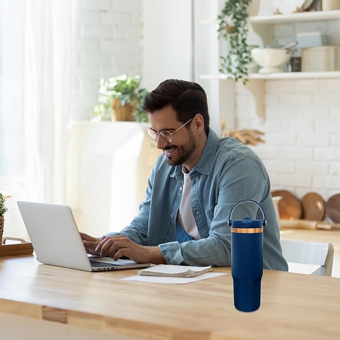 30 oz Tumbler with Handle, Double Wall Vacuum Insulated Tumblers with Flip Straw, Coffee Mug 30oz Powder Coated Cup for Hot and Cold Drinks(Copper Plated, Navy,8 pack)