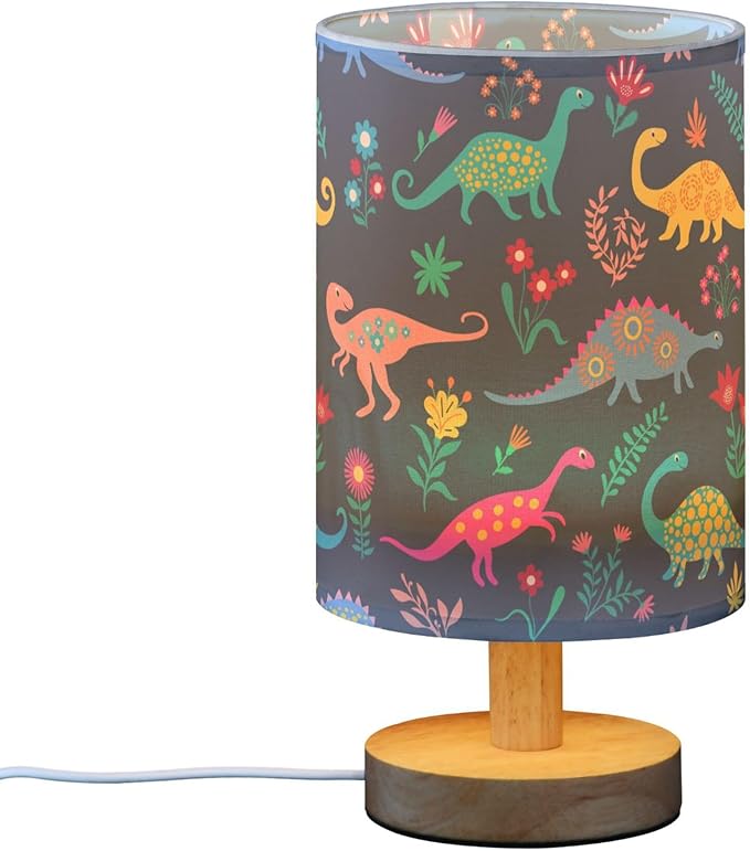 Table Lamp Dinosaur Floral Pattern Nightstand Lamp with Wood Base Fabric Lamp Shade Bedside Desk Lamp for Living Room Bedroom Kids Room Office - Bloomnest