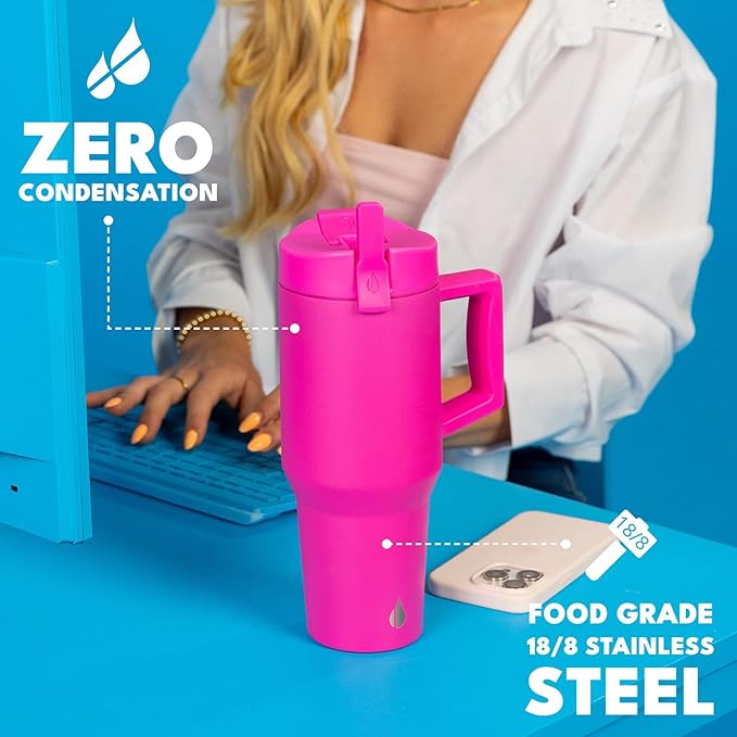 Elemental 32 oz 100% Leak Proof Tumbler with Handle & Straw - Stainless Steel Double Wall Insulated Tumbler for Hot and Cold Beverages - Travel Coffee Mug with Sip & Straw Lid - Hot Pink - Bloomnest