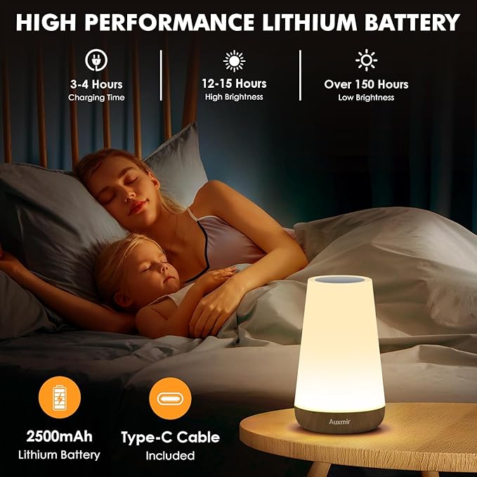 Auxmir Night Light, Dimmable Touch Lamp for Bedroom, 13 RGB Colors & 5 Brightness, Portable Rechargeable Bedside Table Lamp for Baby Nursery, Night Lights for Bedroom Living Room Bathroom Hallways - Bloomnest