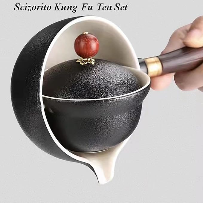 Ceramic Portable Travel Tea Set, Chinese Kungfu Tea Set with 360 Rotation Teapot and Infuser, 4 Tea Cups, Tea Tray And Travel Bag (Black)