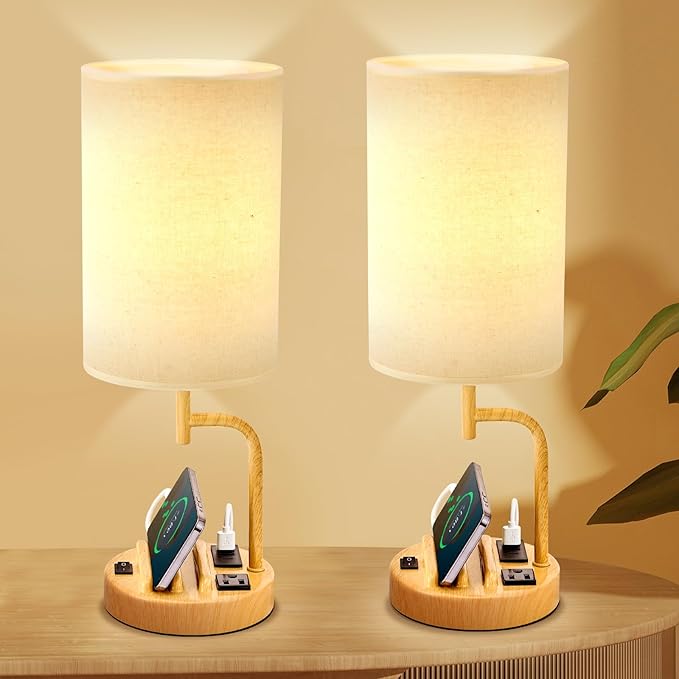 Dreamholder Table Lamp with 3 USB Charging Ports, Modern Desk Lamp with AC Outlet and Phone Stands, Perfect Bedside Lamp for Bedroom, Living Room, Office (Pack of 2) - Bloomnest