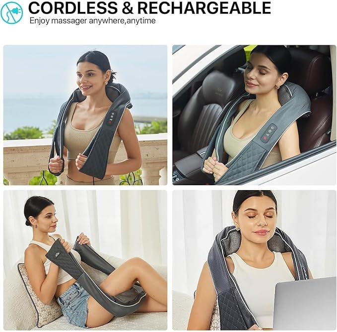 Cordless Shiatsu Neck Massager with Heat – Rechargeable Massager for Neck and Shoulder Pain with 8 Deep Kneading Nodes, Back Massager for Home Office Outdoor - Christmas Gifts for Mom Dad Men Women - Bloomnest