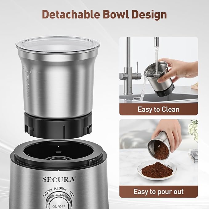 Secura Electric Coffee Grinder and Spice Grinder with 2 Stainless Steel Blades - Bloomnest